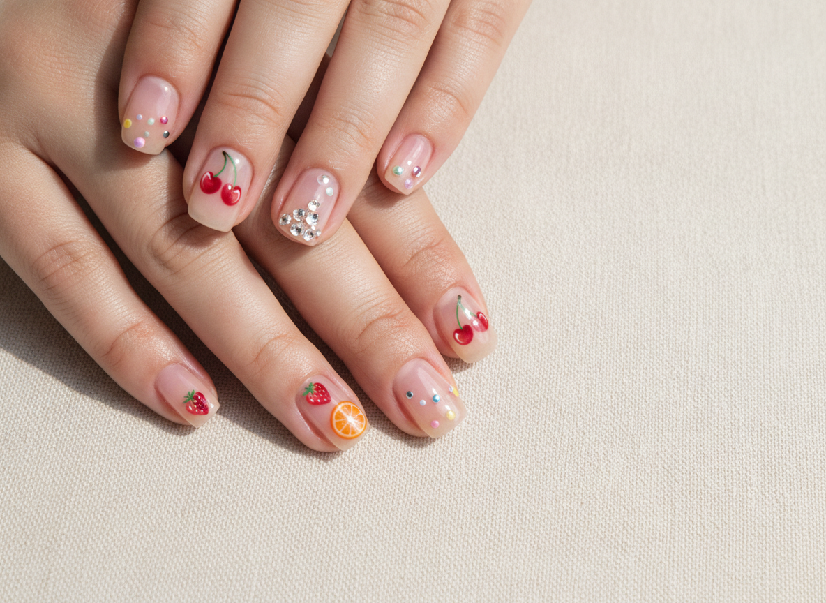 Micro fruit and polka dot nail art designs for summer 2026