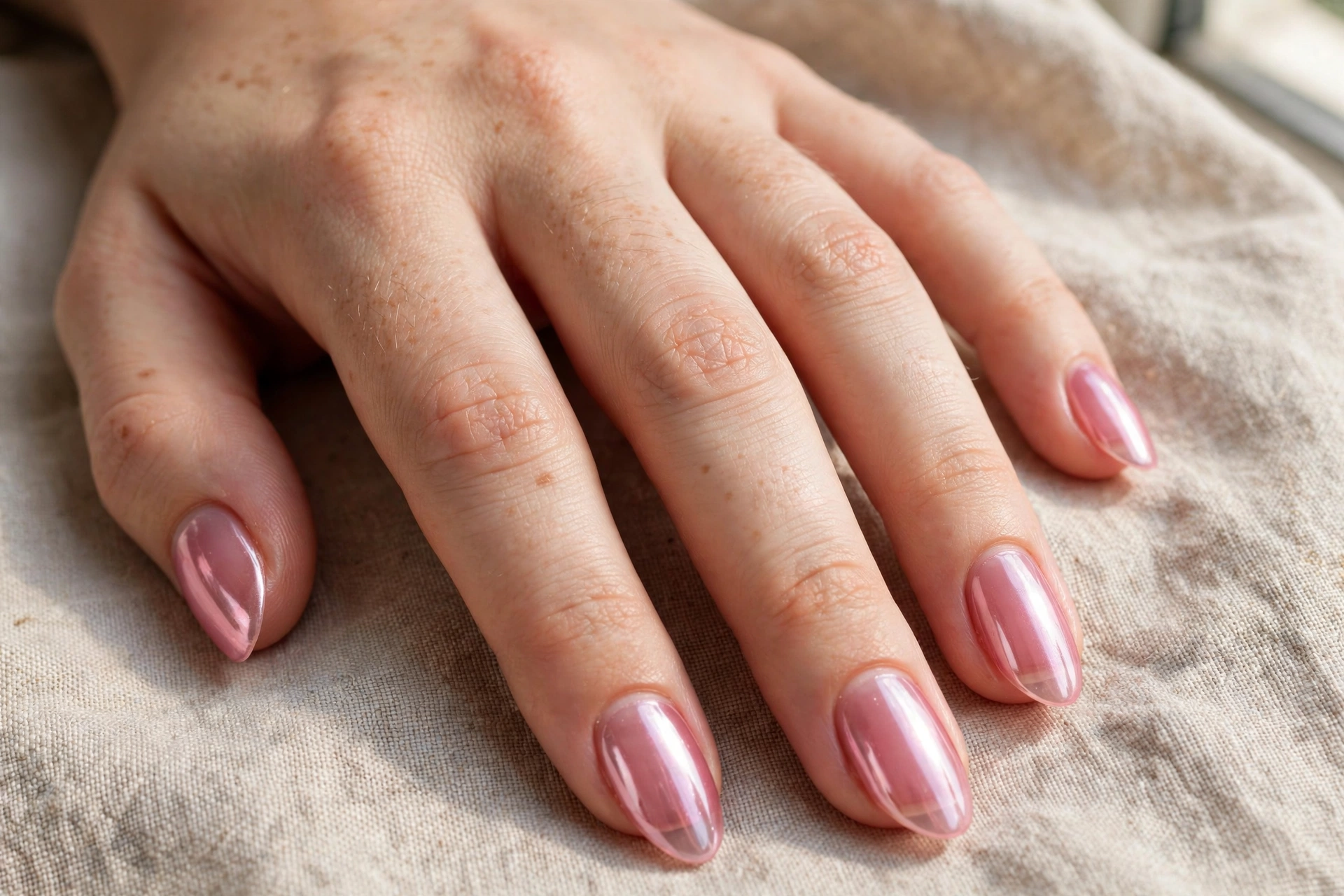 Classic jelly pink chrome nails on almond nails