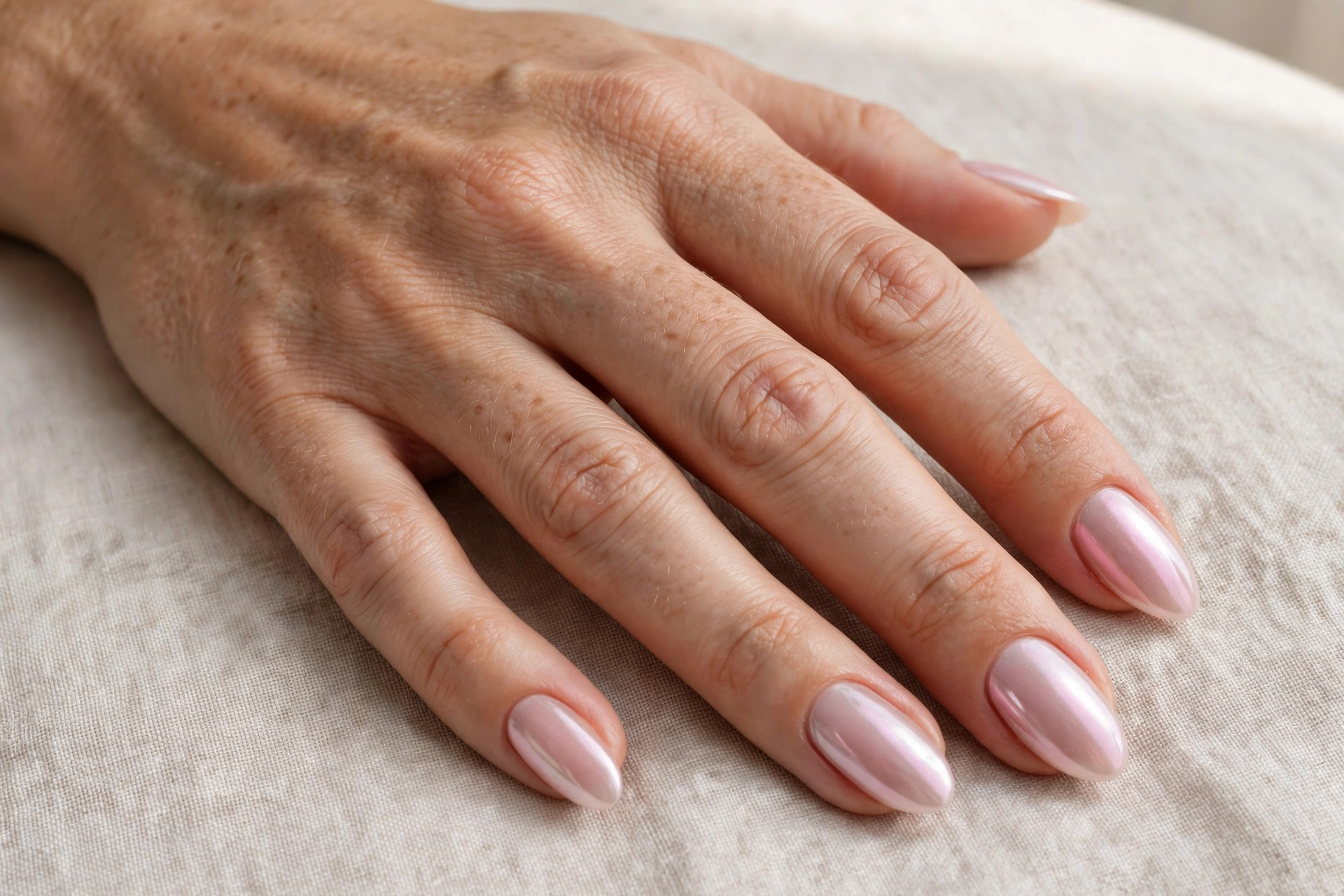 Milky pink chrome nails on almond nails