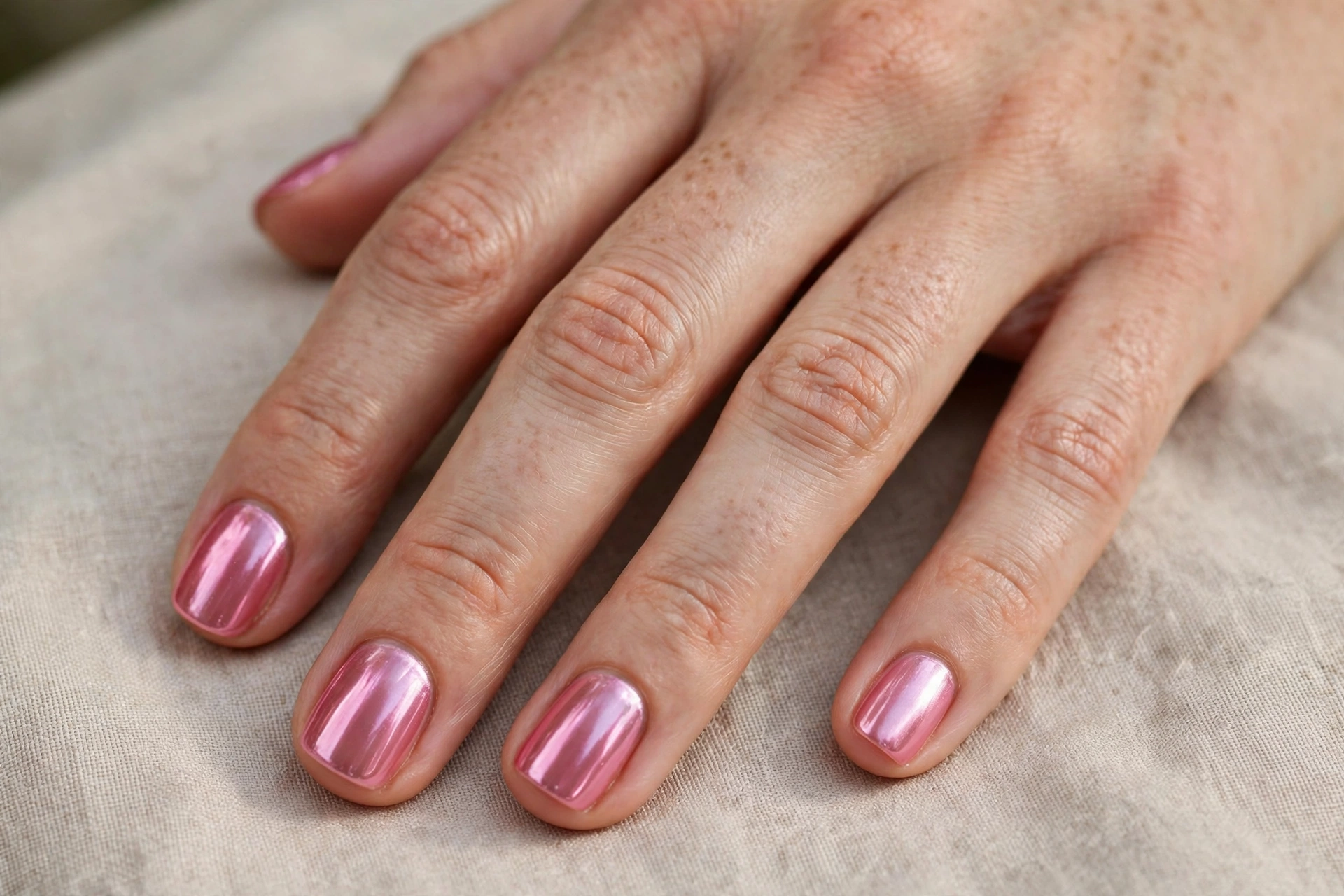 Short jelly pink chrome nails on squoval nails