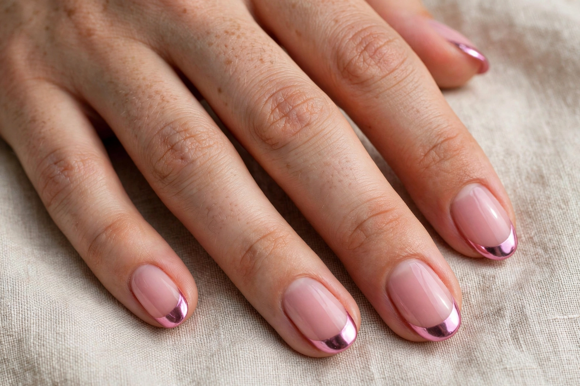 Pink chrome French tip nails on oval nails