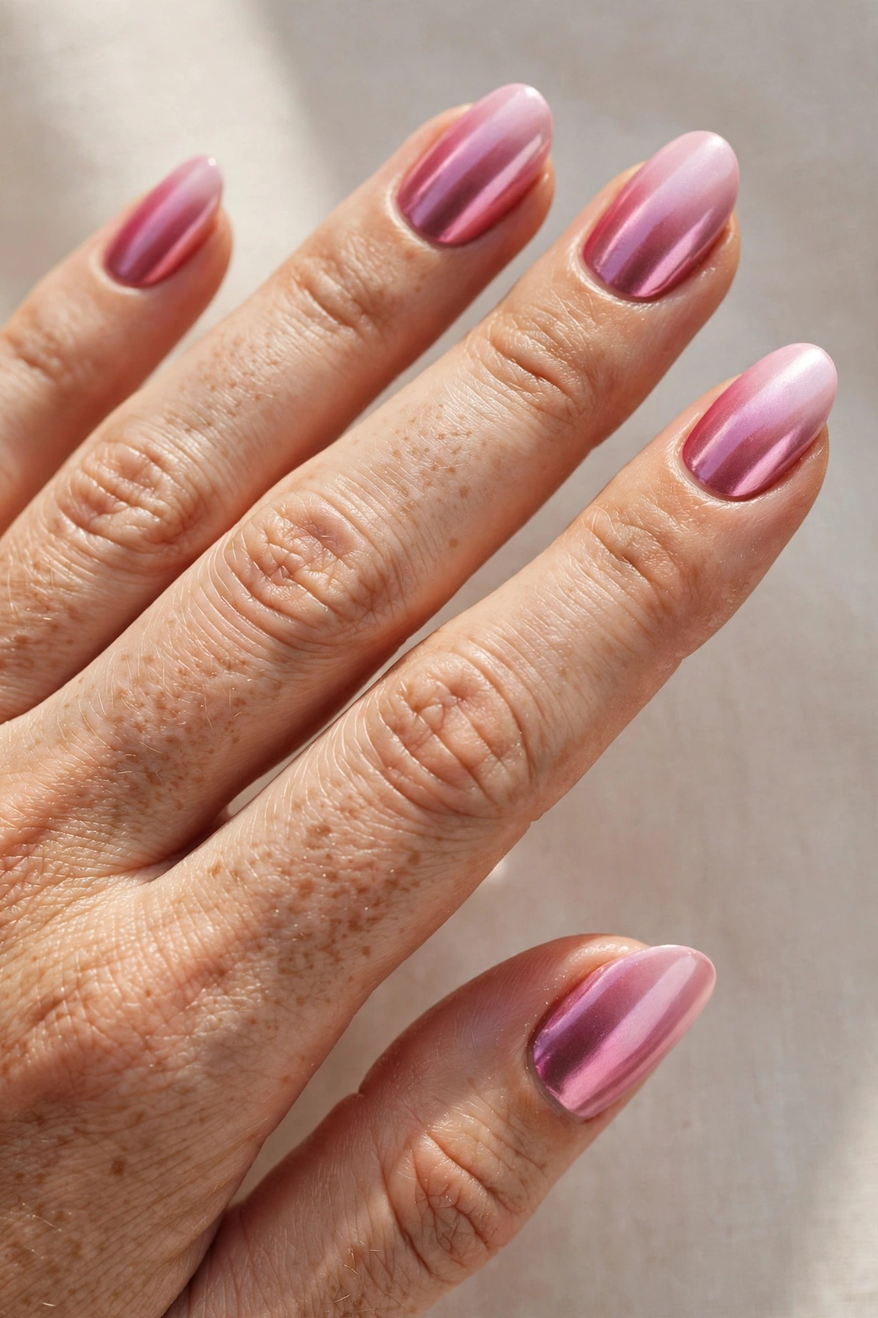 Pink chrome ombre nails on almond nails
