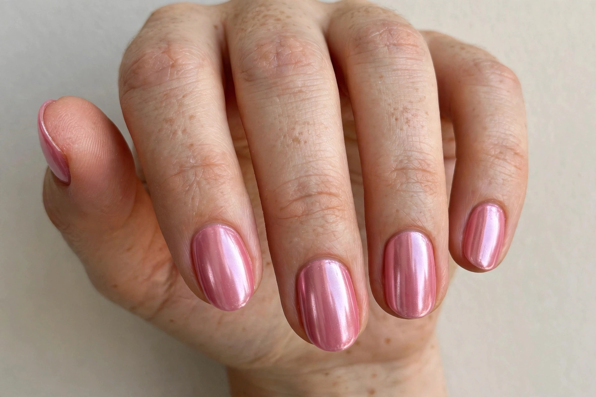 Glazed pink chrome nails on oval nails