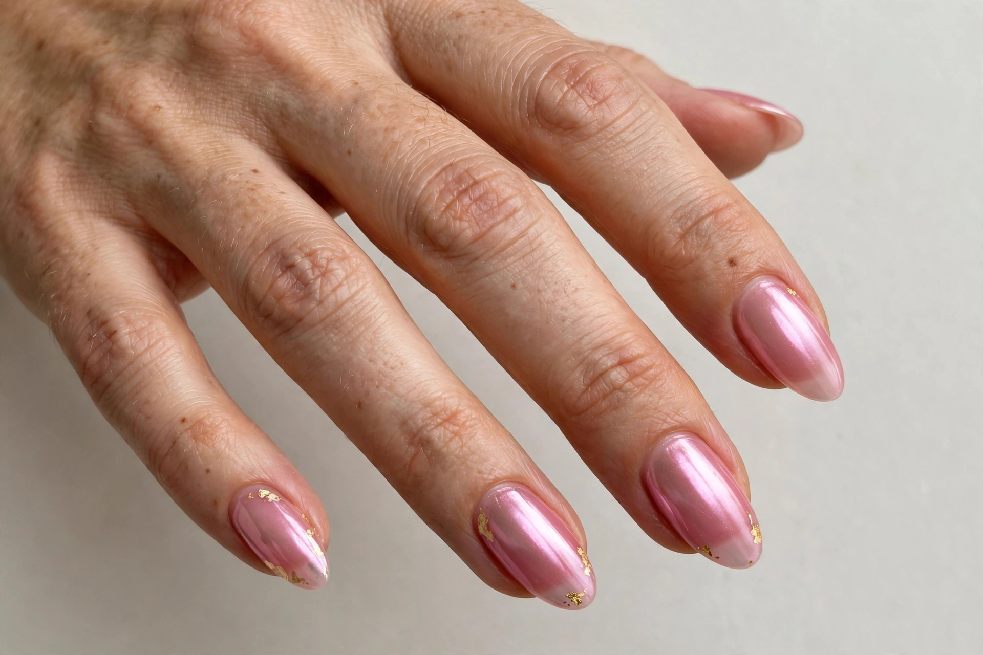 Jelly pink chrome nails with gold foil on almond nails