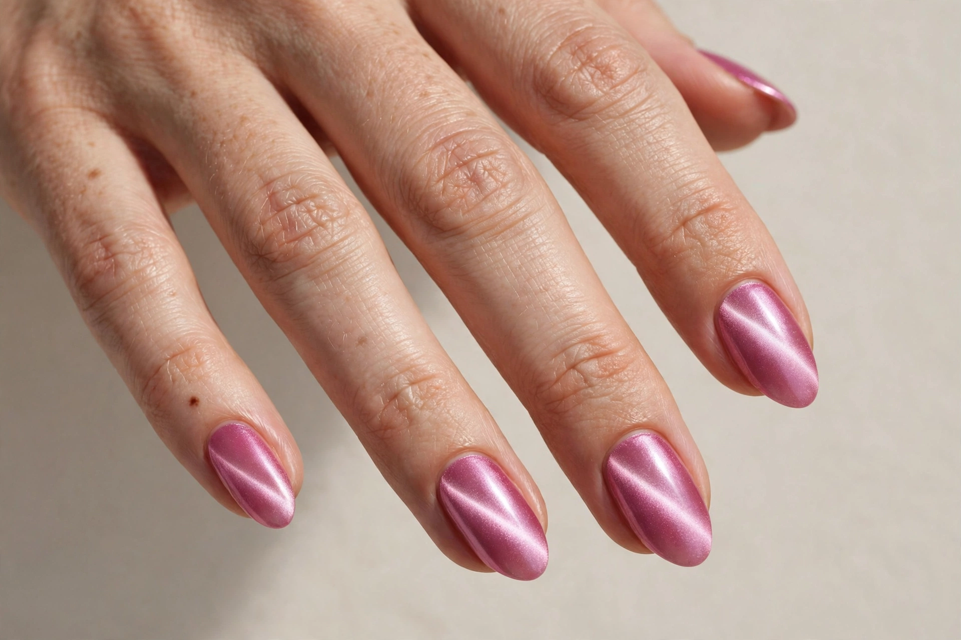 Pink chrome cat-eye nails on almond nails