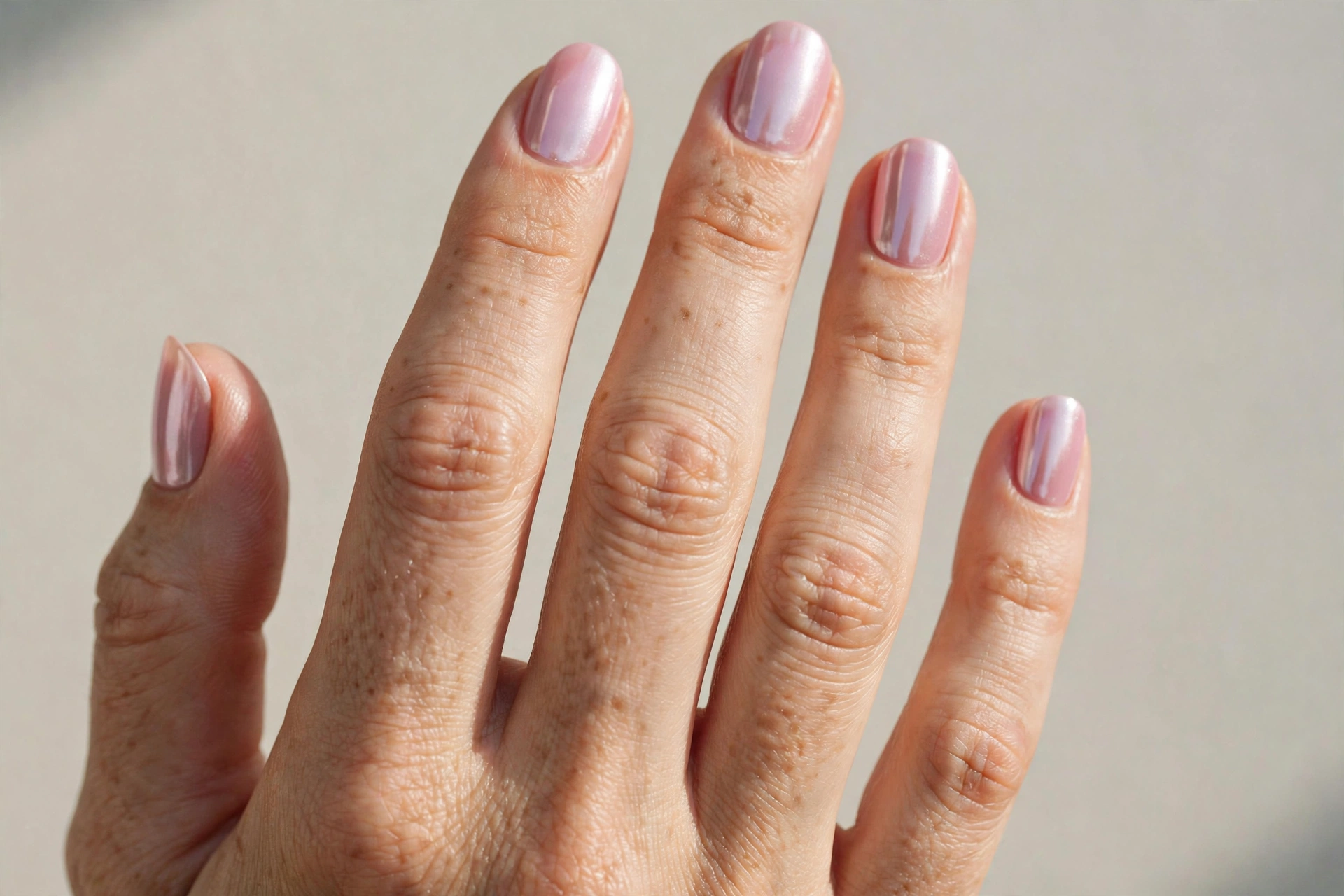 Baby pink chrome nails on short nails