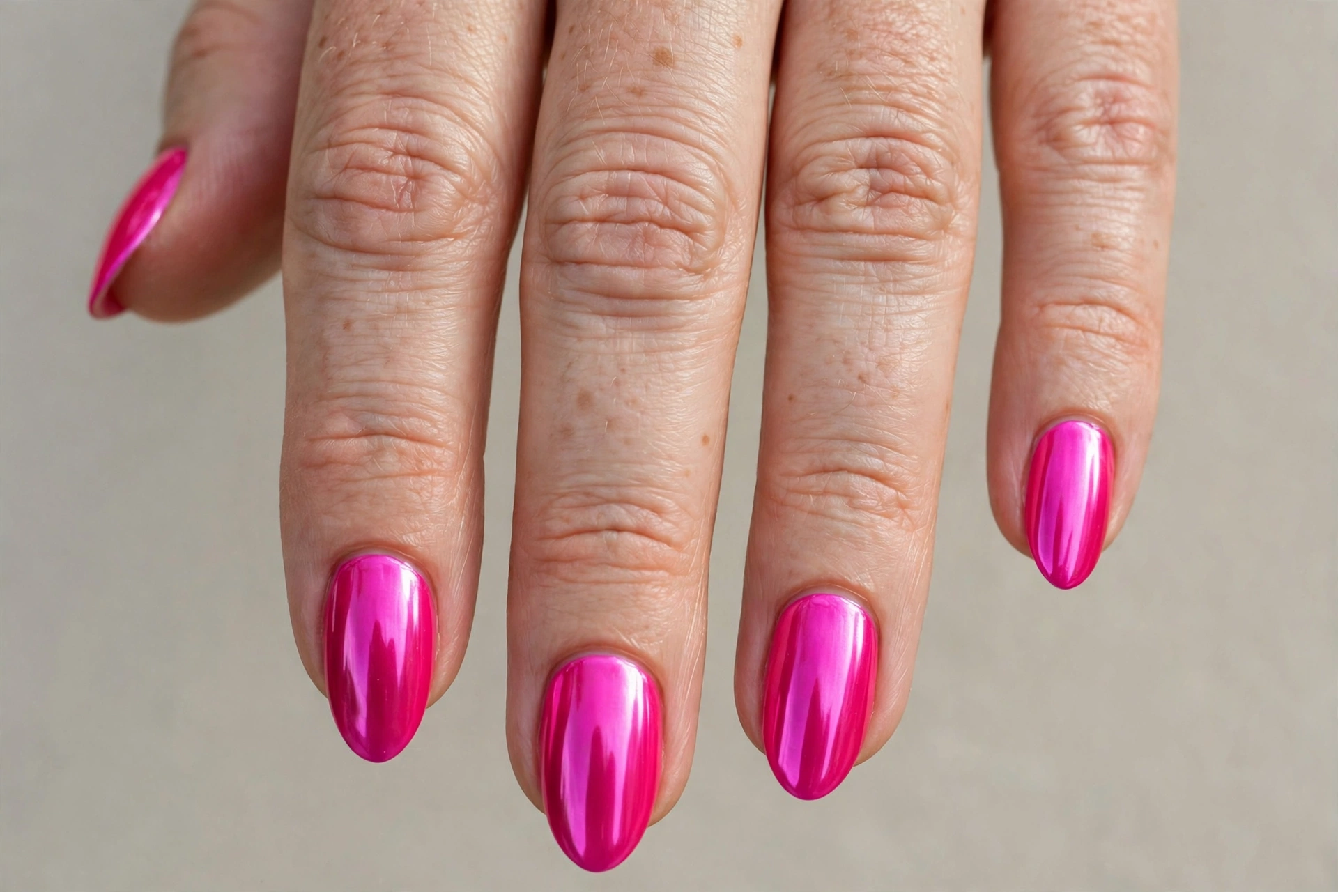 Hot pink chrome nails on almond nails