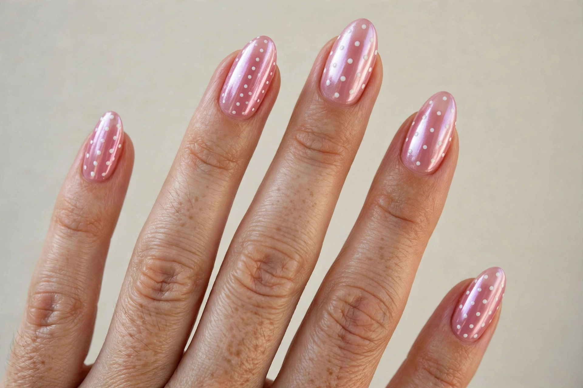 Jelly pink chrome nails with white dots on almond nails