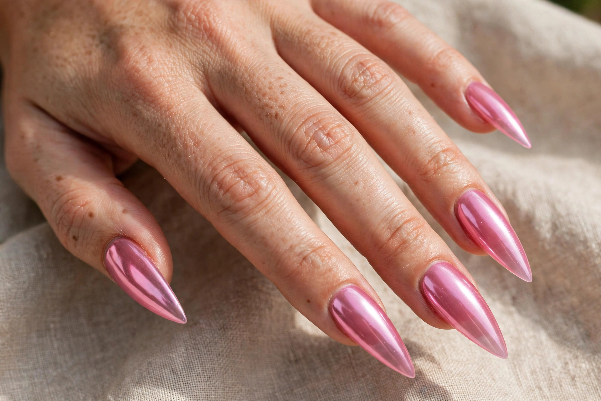 Jelly pink chrome nails on stiletto nails