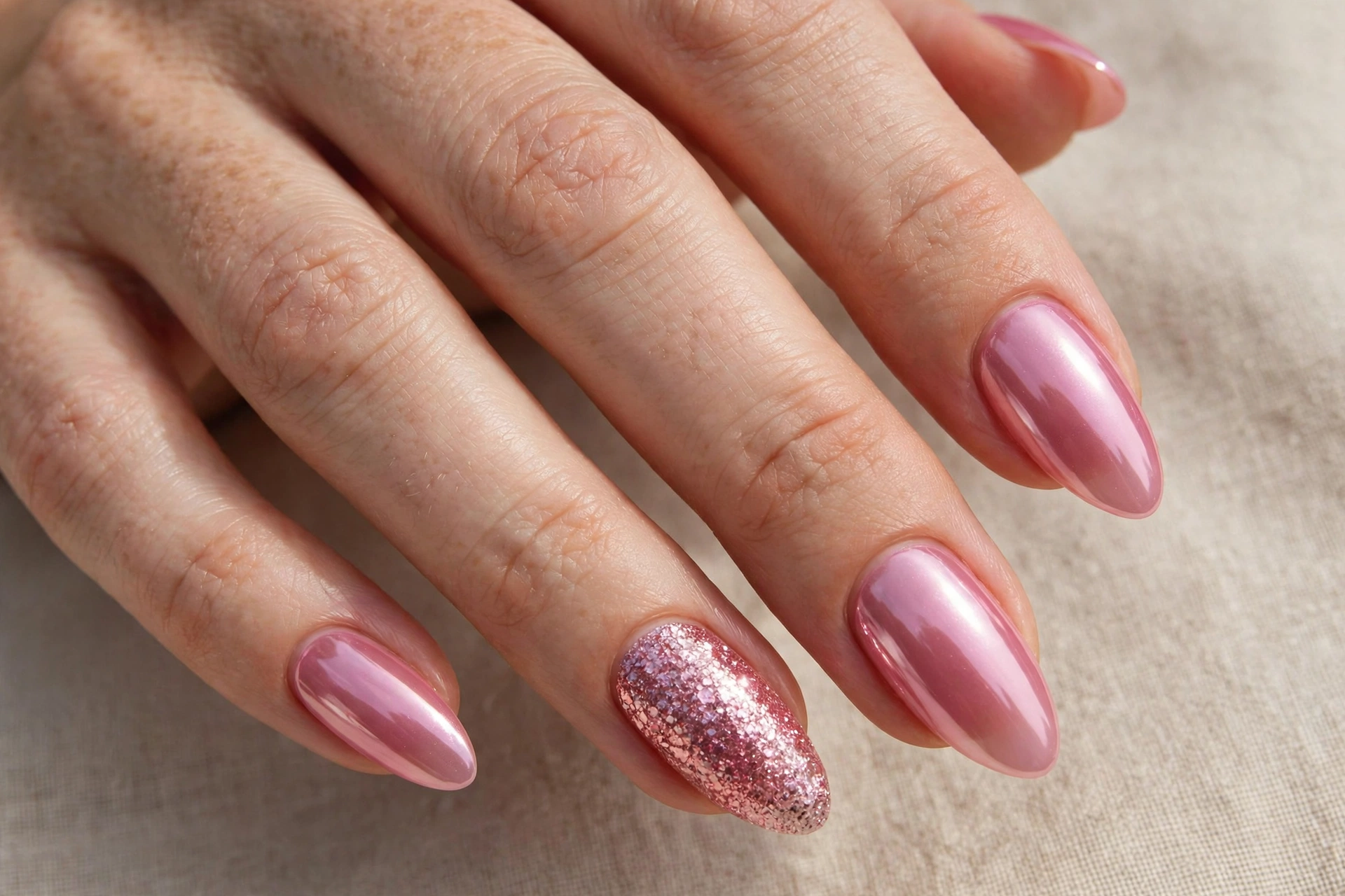 Jelly pink chrome nails with a glitter accent nail on almond nails