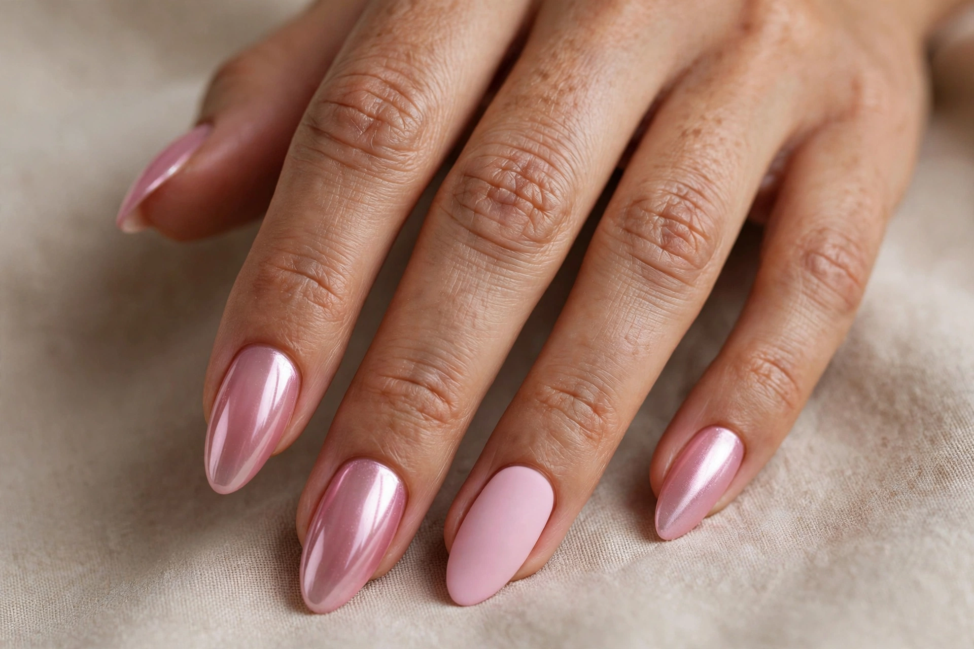 Jelly pink chrome nails with a matte accent nail on almond nails