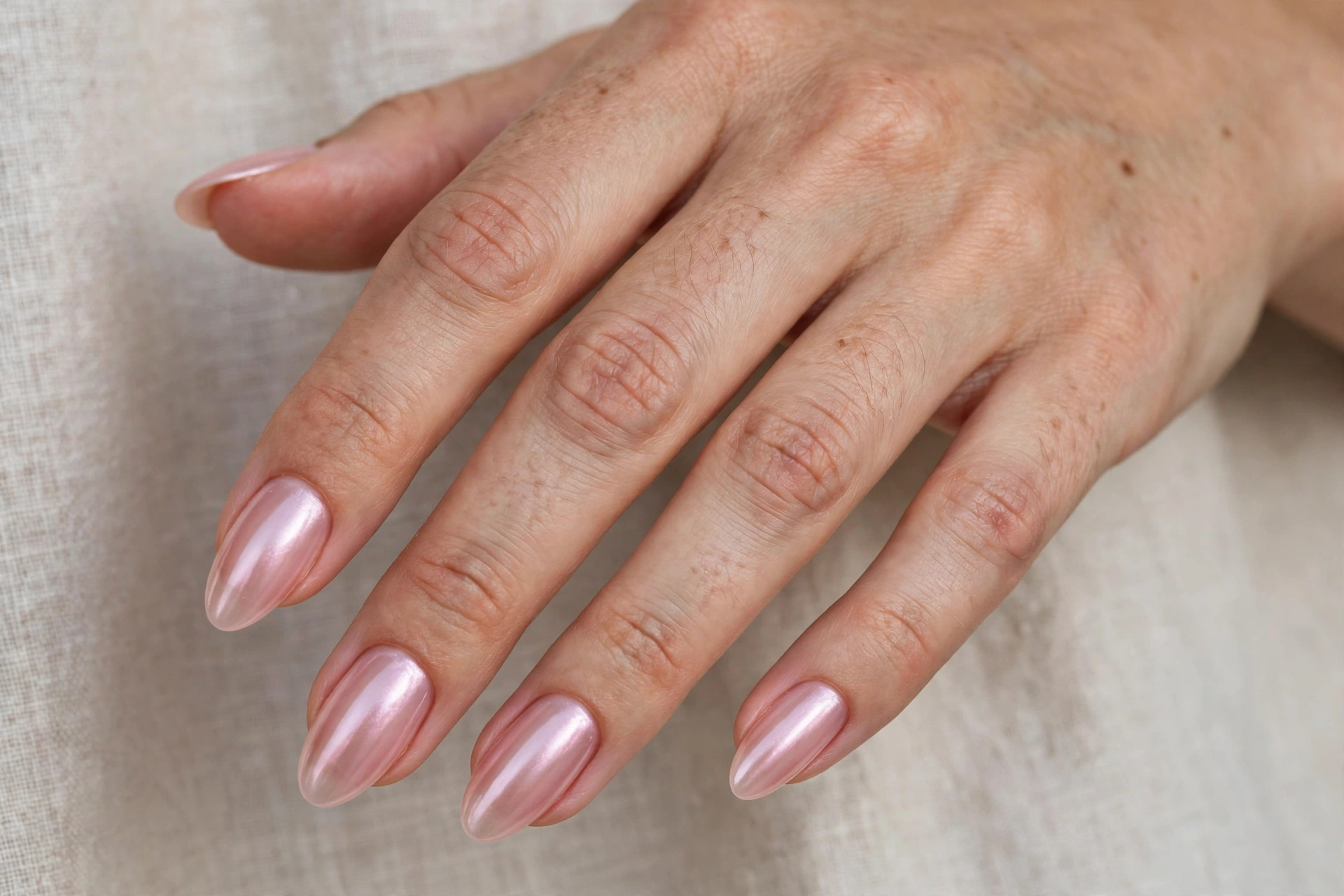 Soft jelly pink chrome nails on almond nails for a bride