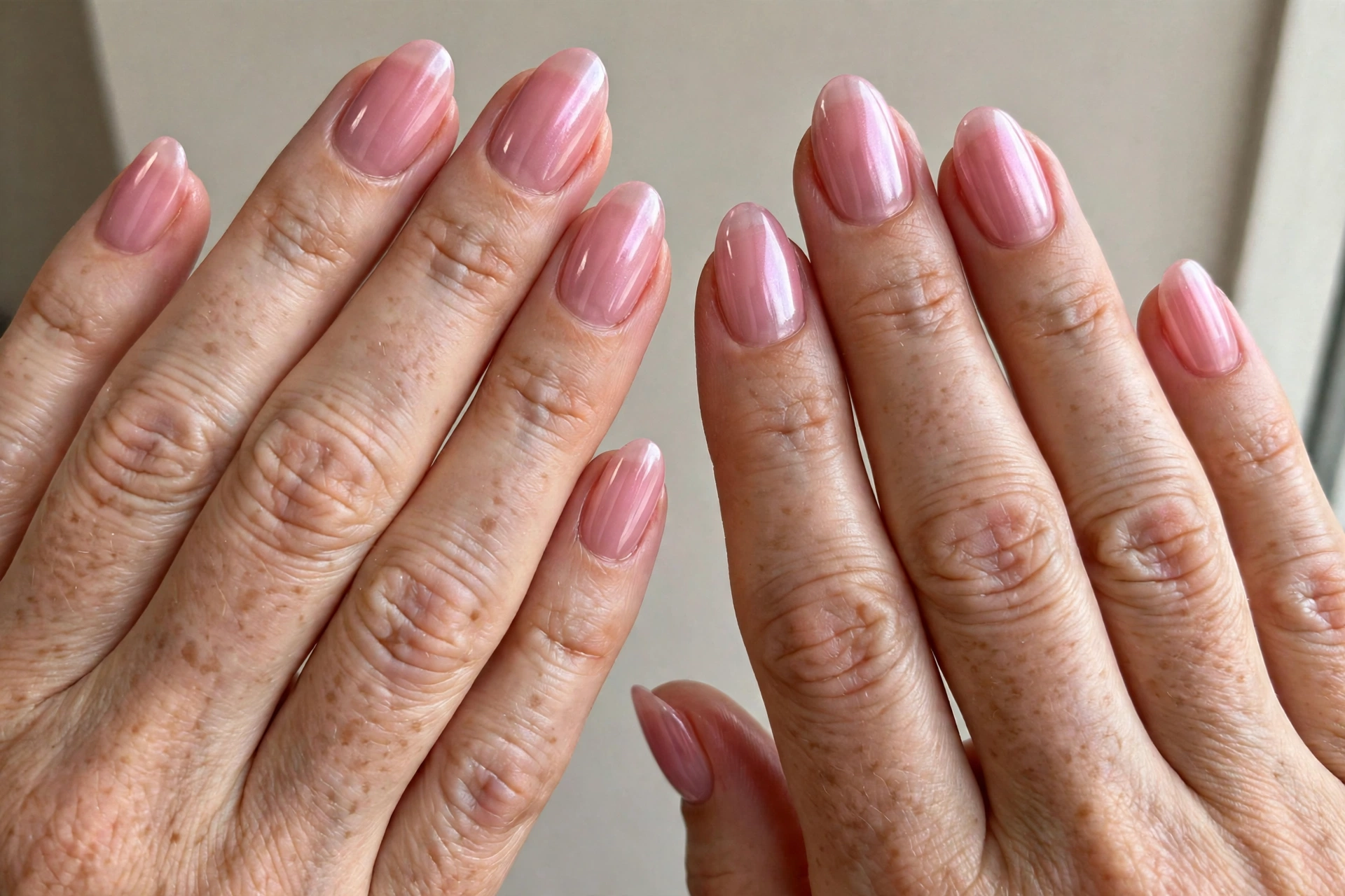 Neat jelly pink chrome nails on short almond nails for office wear