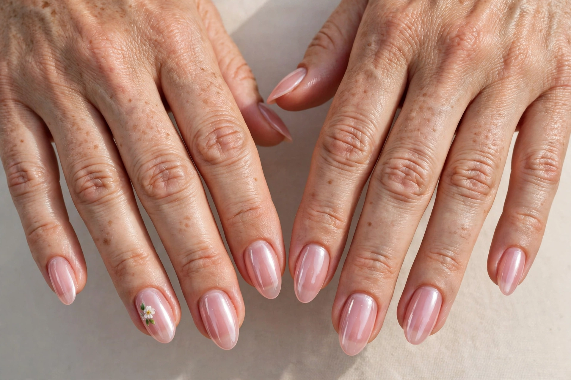Jelly pink chrome nails with a floral accent nail on almond nails