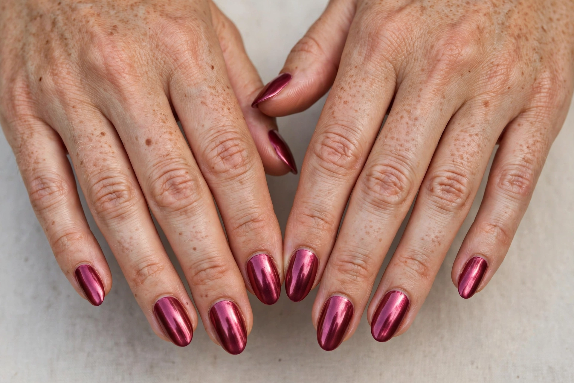 Deep rose pink chrome nails on almond nails