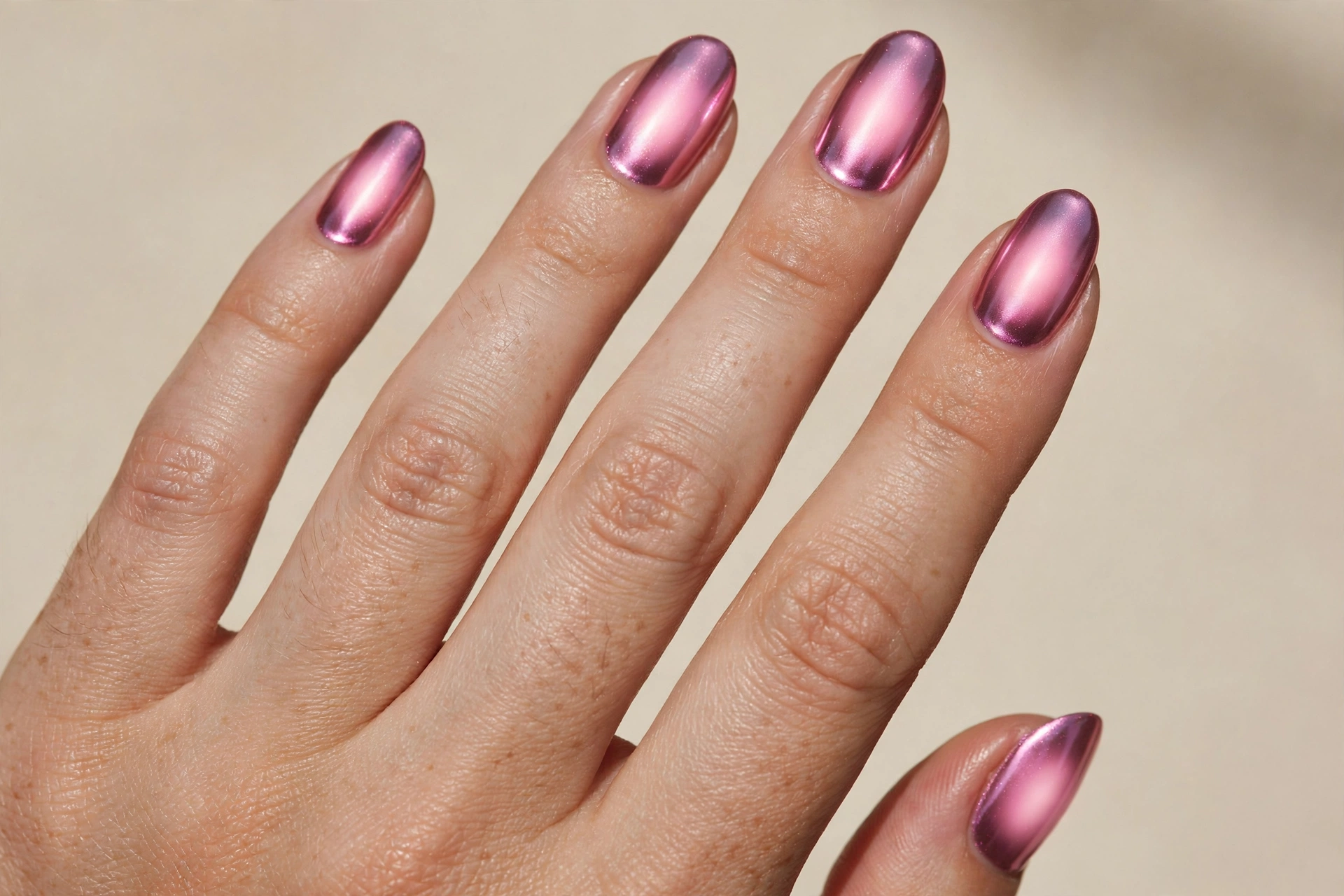 Pink chrome aura glow nails on almond nails