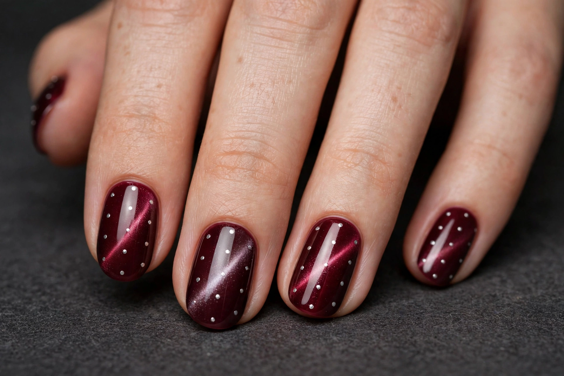 Burgundy cat-eye nails with silver polka dots on oval nails