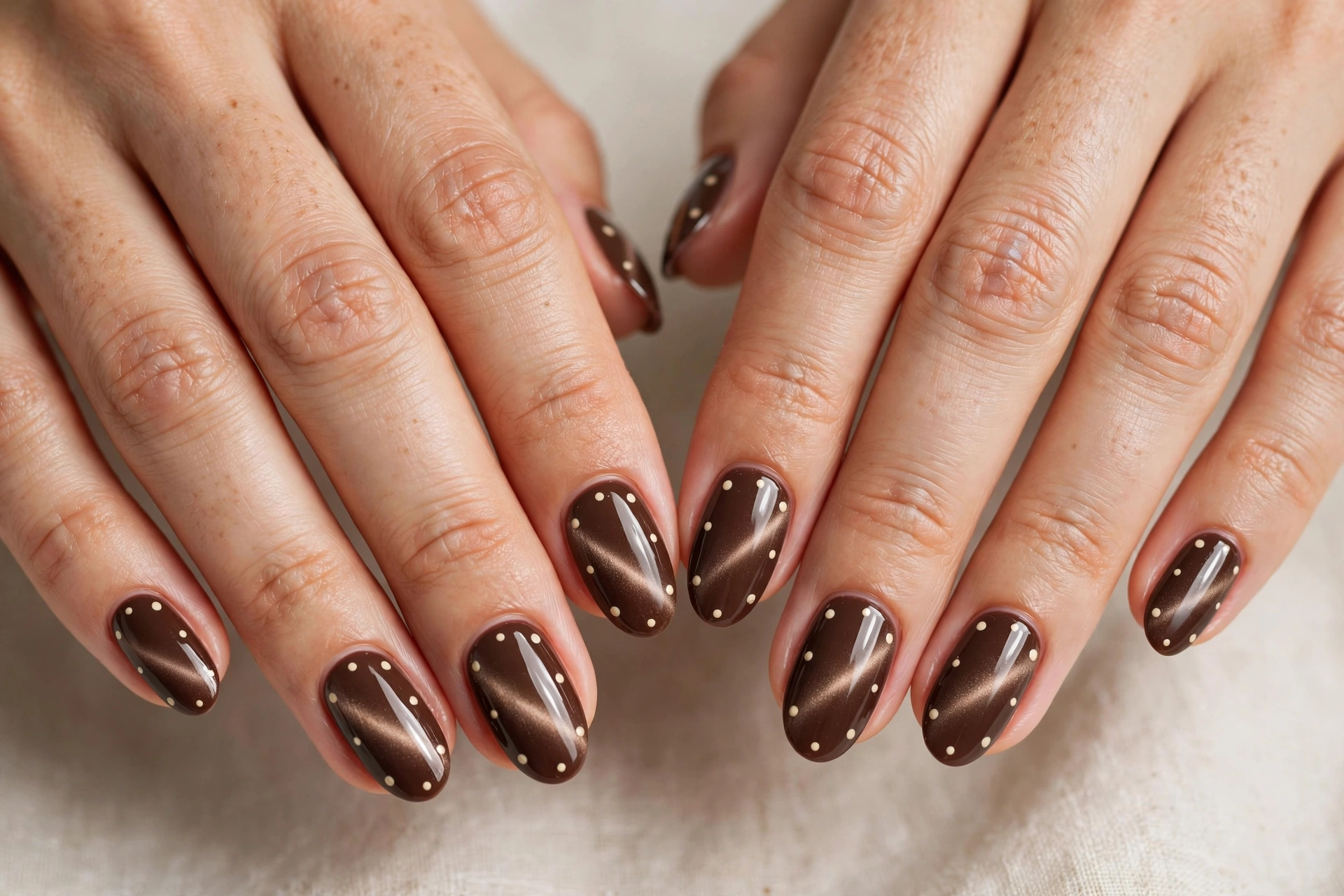 Chocolate brown cat-eye nails with cream polka dots on almond nails