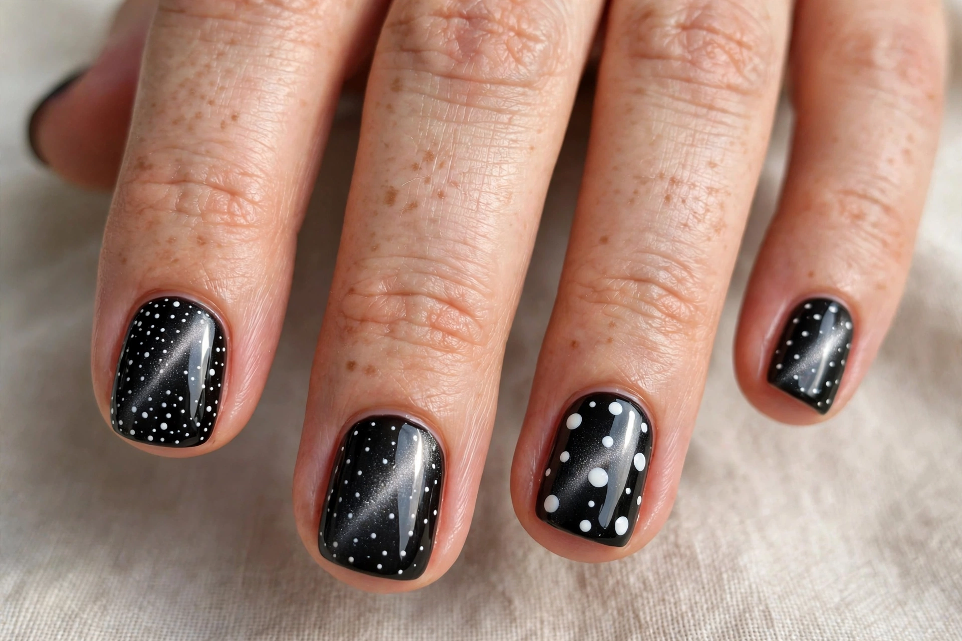 Short black cat-eye nails with white polka dots